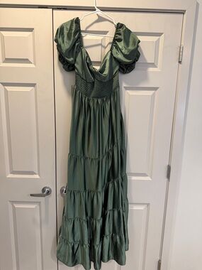 Free People Olive Green Puff Sleeve Tiered Maxi Dress